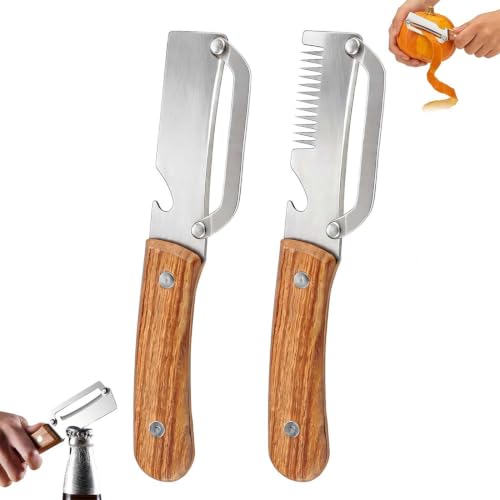 LAKVIL 2 Pezzi Pelapatate Cucina Professionali Multifunzione, Sbucciatore, Tagliaverdure, Apribottiglie, Coltello per Verdure Julienne, Lama in Acciaio Inox, Impugnatura Ergonomica in Legno