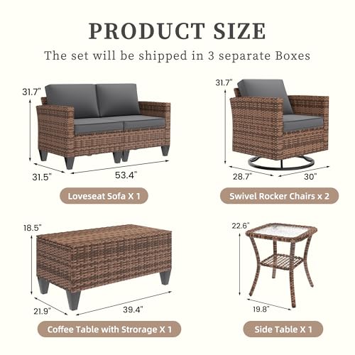 Image of UDPATIO Patio Furniture Set, 5 Pieces Outdoor Furniture Sets with Rocking Swivel Chairs, Wicker Rattan Outdoor Conversation Set with Storage Table and Waterproof Covers for Backyard, Deck, Porch, Grey