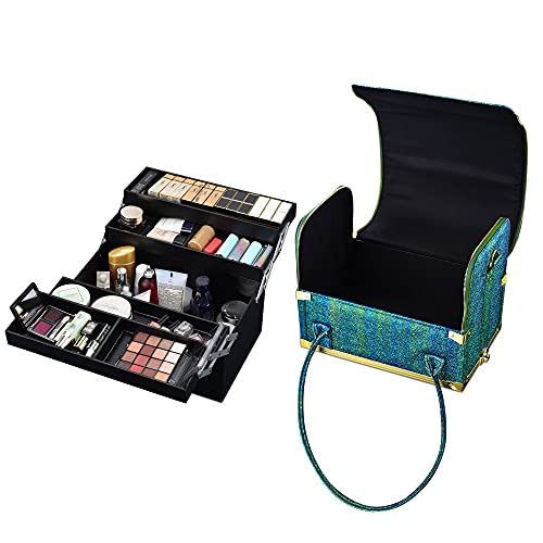 Byootique 3 In1 Rolling Makeup Case Sequin Cosmetic Case Artist Travel Train Case Lockable Rolling Leather Trolley With Removable Belt And Organizer Storage Hand Bag, Malachite Green #TOP3