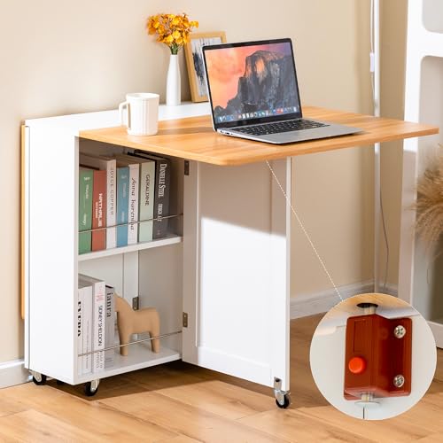 Image of 53 inch Folding Dining Table Space Saving Foldable Dining Table with Drawer, Shelves and Wine Racks, Drop Leaf Table for Small Spaces, Extendable Folding Kitchen Table with Lockable Wheels