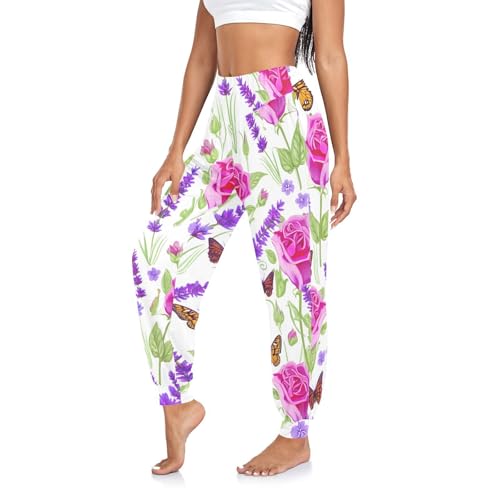 Sarouel décontracté pour femme - Pantalon de yoga - Motif papillon rose lavande - Vêtements d'été bohèmes, Papillon Rose Lavande, Taille S