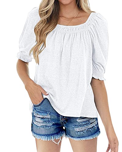 Womens Casual Square Neck Puff Half Sleeve Tops Pleated Loose Basic Summer T Shirts Blouses