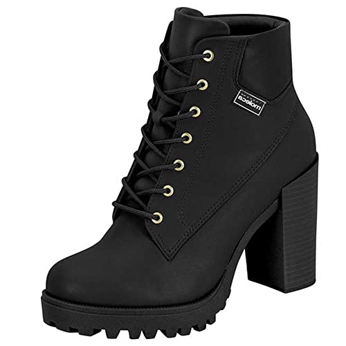 Bota Feminina Moleca Coturno Tratorada Cadarço Salto Alto Preto 37