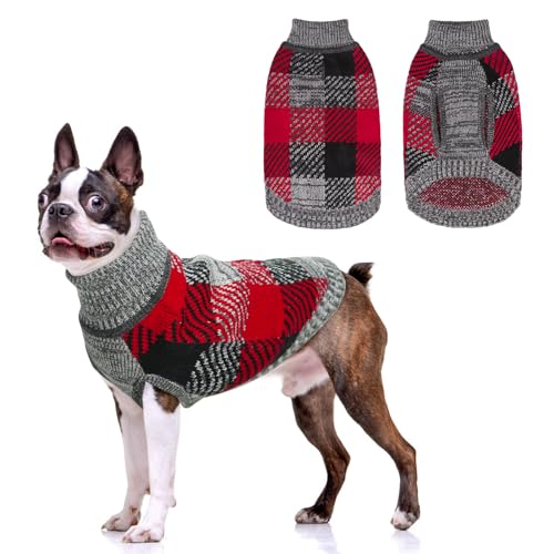 Image of BEAUTYZOO Medium Dog Sweater, Plaid Knit Winter Clothes with Harness Hole