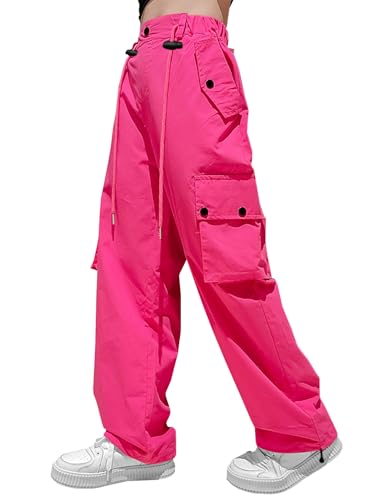 Image of HENGAO Girls Cargo Pants Parachute Casual Jogger Y2K 5-14 Years | Kids Baggy pants Parachute, Drawstring, with Pockets, Elastic High Waist, Loose Trousers Streetwear