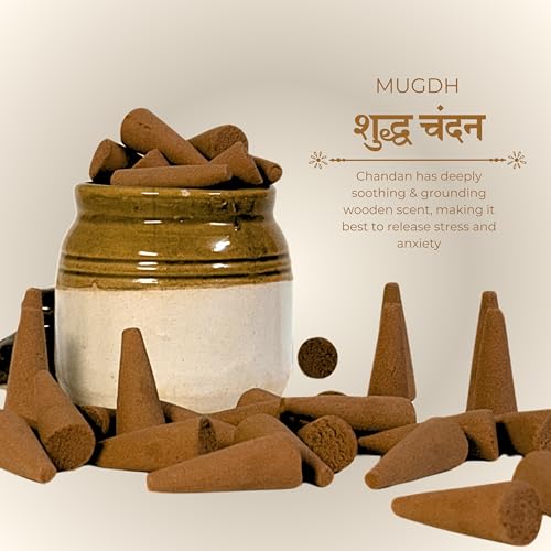 Image of Mugdh Natural Incense Cones Combo - Chandan & Amber | Bambooless, Low Smoke, Charcoal Free Dhoop Cones | 80 Organic dhoop batti | Free Cotton Potli & Dhoop Stand | Home Fragrance, Pooja & Meditation