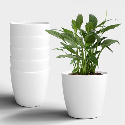 Image of YUCCABE ITALIA SHERA Stella 14 Inch Plastic Plant Pot for Home Decor Indoor Plant Pots for Living Room Plastic Flower Pot for Garden (White, 14 INCH - 6 Pcs)