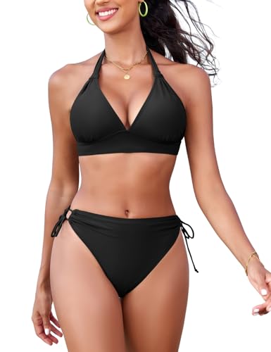 FemiChic Push Up Bikini Damen Set Triangel Oberteil mit Knotendetail String Neckholder Bikinitop für Große Brüste Abnehm...