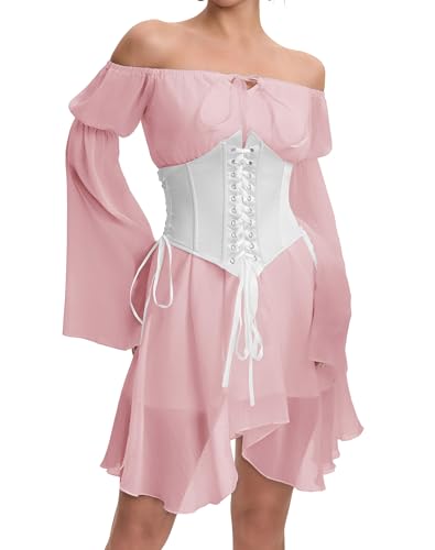 Image of Womens Corset Dress Off Shoulder Bell Sleeve Casual Party Pirate Fairy Dress Set