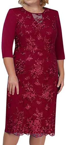 Mother of The Bride Dresses for Women Plus Size Elegant Floral Embroidery 3/4 Sleeve Cocktail Dress for Wedding Guest Red