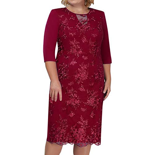 Mother Of The Bride Dresses For Women Plus Size Elegant Floral Embroidery 3/4 Sleeve Cocktail Dress For Wedding Guest Red #TOP2