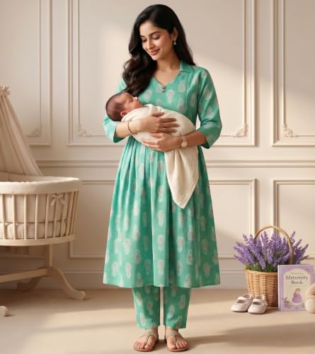 Image of DUMMY SHAPE Maternity Dresses for Women Cotton | Floral Kurta Pant Dupatta Set with Nursing Zippers, Side Pocket | Pre & Post Pregnancy | Feeding Kurti Suit | Baby Shower | Gifts for Pregnant Woman