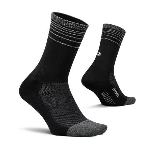 Image of Feetures Elite Light Cushion Mini Crew Sock - Sport Sock with Targeted Compression - Black Flash, X-Large (1 Pair)