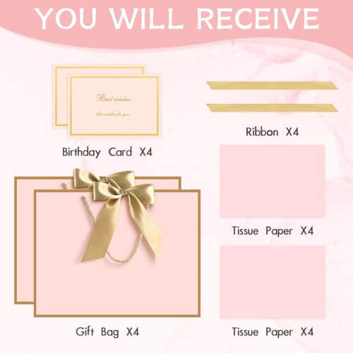 Image of JMANNI Gift Bags with Handles, 13 inch Medium Gift Bag for Presents, 4 Pcs Bags with 8 Tissue Paper and 4 Cards for Graduation Baby Shower Wedding Fathers Day Mother's Day Birthday Party(pink-gold)
