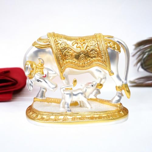 Image of Gold Art India Kamdhenu Cow with Calf Idol Gold Silver Plated with Matte Finish | Home Decor Gaay Bachda Cow |Calf for Vastu | Positive Energy | Wealth Idol Diwali Puja