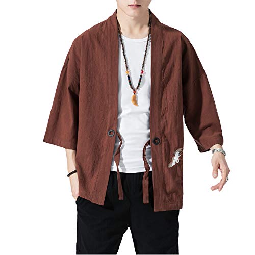 Image of PRIJOUHE Men's Kimono Jackets Cardigan Lightweight Casual Cotton Blends Linen Seven Sleeves Open Front Coat Outwear