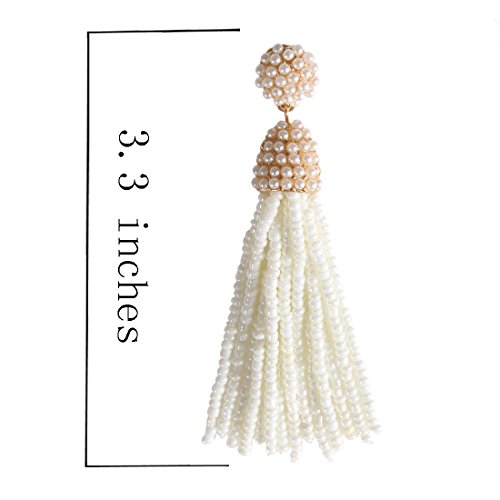 NLCAC Women's Beaded tassel earrings Long Fringe Drop Earrings Dangle 6 Colors (pearl) - Thumbnail 3