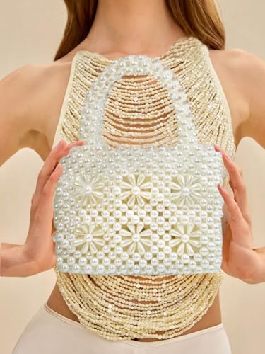 Image of Women Beaded Handbags Elegant Handmade Weave Purse Crystal Pearl String Tote Bags for Banquet Wedding Cocktail