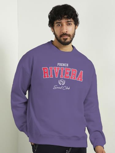 Image of Nobero Men's Graphic Printed Oversized Sweatshirt | Cotton Rich Fleece Round Neck Pullover | Relaxed Fit Casual Winter Wear for Men