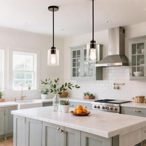 Image of MAYNA 2-Pack Black Farmhouse Pendant Lighting, Rustic Glass Kitchen Island Lights with Bulbs, Adjustable Rods Vintage Hanging Fixtures for Dining Room, Bar