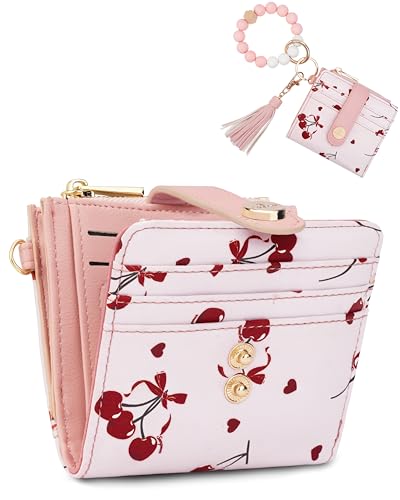 Image of Keychain Wallet Wristlet for Women,RFID Small Cherry Bow Wallet | Wallet Wristlet with Zipper Coin Pocket,Vegan Leather Card Wallets for Women, 2 ID Window,Gift