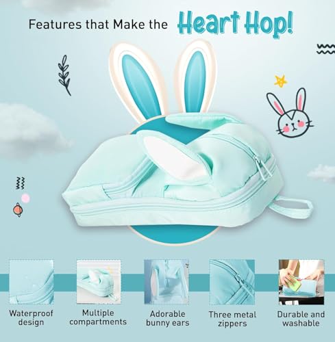 Image of DEOXY Polyester Large Capacity Pencil Pouch for Girls & Boys with 3 Zippers & 5 Compartments | Waterproof Aesthetic Cute Bunny Ears Standing Pencil Case for Kids, Multiutility Pouch (Sea Green)