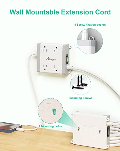 Alitayee Mountable Surge Protector Power Strip, Wall Mount Power Strip With 4 Outlets And 3 Usb, Flat Plug, Shutter Safety And Circuit Breaker Switch, 6 Ft Extension Cord For College Home Office Dorm #TOP1