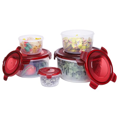 Image of PEARLPET PP Container Circular Plastic Food Storage Container with Air Tight Lid | Fridge & Freezer Dabba Containers, Fruit Box Set of 5, Red (300ml, 600ml, 1200ml, 1800ml and 3000ml)