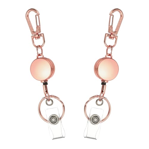 PATIKIL 2Pack Retractable Keychain, Metal Badge Reels Retractable Badge Holder Clips with Key Rings for Name Card Key Conferences Office, Rose Gold(Round)