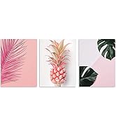 TutuBeer Plant Wall Art with Pink Pineapple at Pink Background Tropical Wall Decor Green Plant Ar...