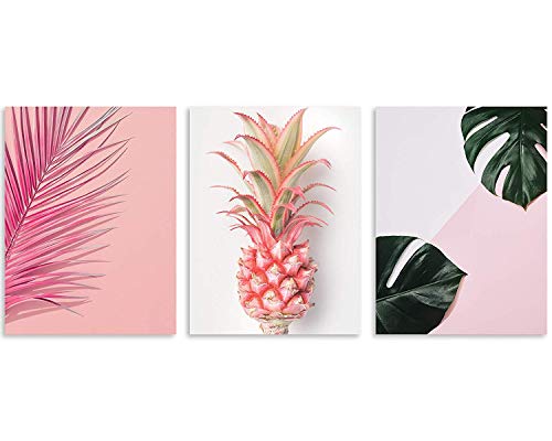 TutuBeer Plant Wall Art with Pink Pineapple at Pink Background Tropical Wall Decor Green Plant Art 12