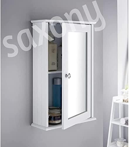Saxony® Bathroom Slim Single Door Mirrored Cabinet Bathroom cupboard Wall Mounted wooden Modern Storage Unit with Internal Shelf and Display Shelf White