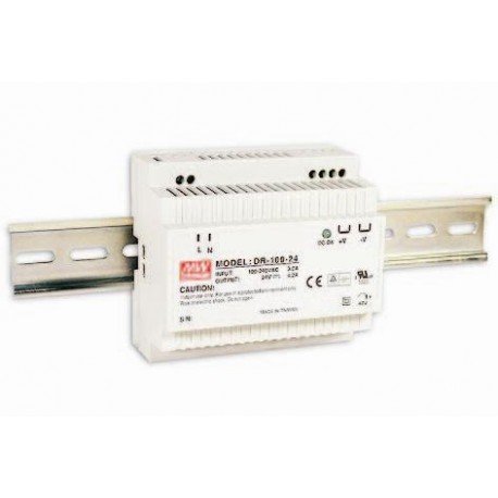 Mean Well DR-100-24 Power Supply, AC to DC, DIN, 100 W, 24 Volt, 4.2 A, 3.9" x 3.7" x 2.2" Size