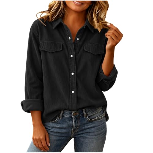 Corduroy Shirt Button Down Long Sleeve Lapel Casual Top with Pockets - image 1