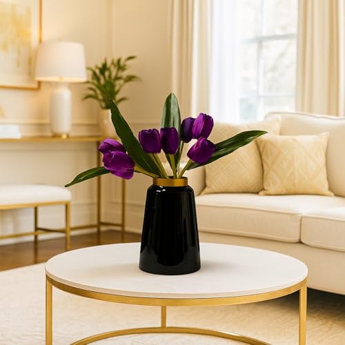 Image of Market99 Metal Flower Holder | Vase, Plant Pot, Black Cylindrical Vase with Gold Ring Design & Glossy Texture | Home Decor Accent for Living Room, Office, Table Centerpiece & Gifting