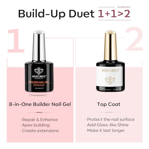 Image of modelones Builder Nail Gel with Gel Top Coat, 8-In-One Cover Nude Builder Acid Free Top Coat for Nail Thickening Apex Building Rubber Color Base Polish Shine Finish, LED Lamp Cured 10ml Home DIY Salon