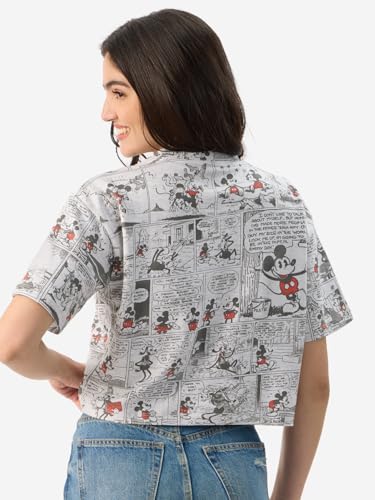 Image of The Souled Store Official Mickey Mouse: Comic Pattern Women and Girls Short Sleeve Round Neck Grey All Over Print Oversized Fit Cropped T-Shirts