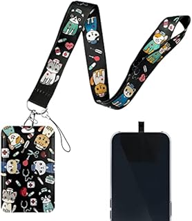 Aocar Lanyard with Hard Card Case, Neck Strap with ID Badge Holder and Phone Tether Pad for Offices, Keys, Wallet (Black Cat)