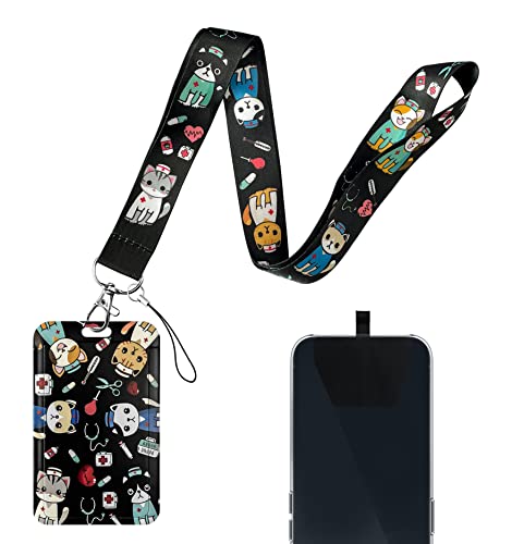 Geiomoo Cordón con Portatarjeta, Cuello Cuerda con Porta Credencial y Teléfono Parches para Llaves, Oficina (Negro Gato) Cover