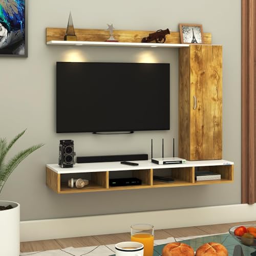 Image of Anikaa Dorex Engineered Wood Wall Mounted TV Unit with LED Lights, Storage Cabinet & Display Shelf for Living Room | Ideal for Upto 55 Inch TV- Giantwood /White(DIY Installation)