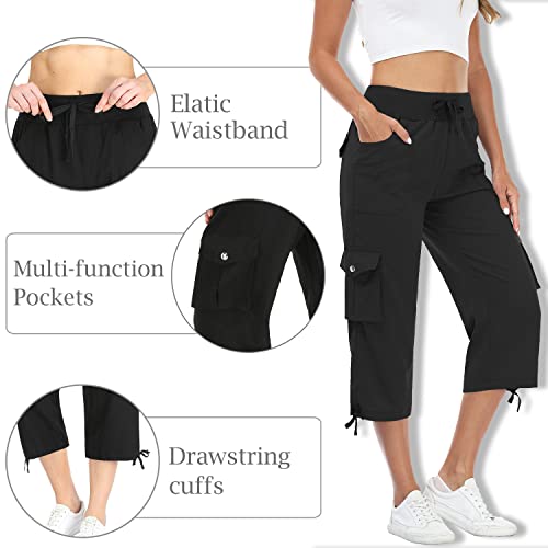Miss Moly Women's Cargo Capris Hiking Running Pants Loose Button Decor Lightweight Quick Dry Athletic Outdoor Black M #TOP1