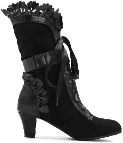 Women Victorian Boots Chunky Heels Lace up Cute Bow Knot Cosplay Costumes Witch Medieval Renaissance Mid-Calf Goth Boots Vintage Gothic Character Dance Kawaii Lolita Shoes - Image 3