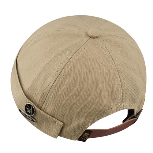 Croogo Brimless Sailor Fisherman Hat Rolled Cuff Beanie Hat Stylish Metal Decoration Brimless Cap Khaki