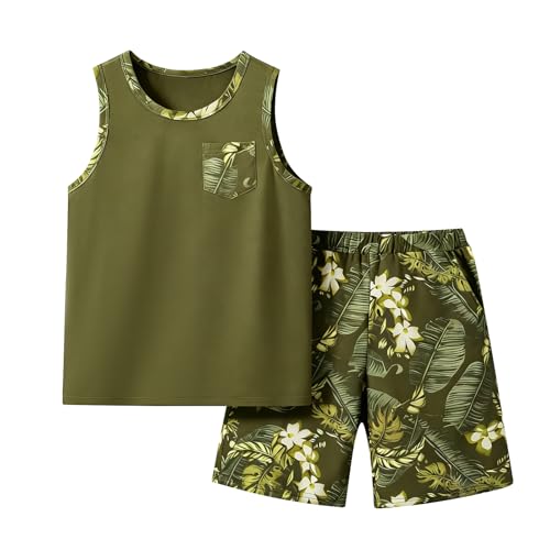 Voxikodex Size 7 8 Years Boys Summer Outfit 2PCS Green Sleeveless Tee Tops & Workout Casual Shorts Set Fashion Little Boys Summer Outfits Set(7-8Y)