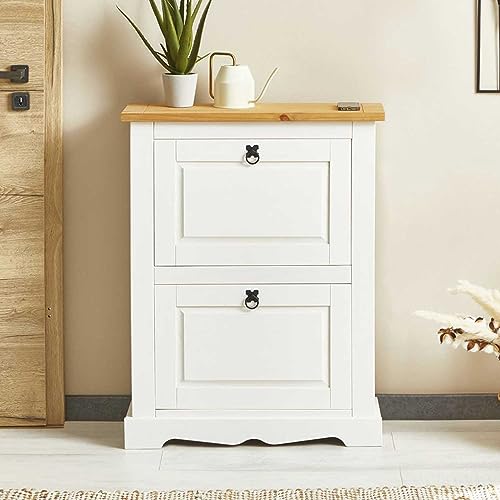 IDIMEX Schuhkipper Tequila mit 2 Klappen, praktischer Schuhschrank aus massiver Kiefer, Schuhkommode im Mexiko Stil in weiß/braun