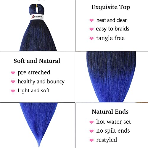 Msbelle 6 Packs/Lot Pre Stretched Braiding Hair 26 Inch Ombre Braiding Hair Extensions Hot Water Setting Blue Braiding Hair 100G/Pack Crochet Synthetic Braids Hair (26Inch,Black To Blue) #TOP3