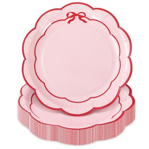 JarThenaAMCS 50 Pcs Scalloped Paper Plates 7 Inch Pink Plates with Red Bow Trim Disposable Decorative Plate for Christmas Baby Bridal Shower Wedding Birthday Party Supplies
