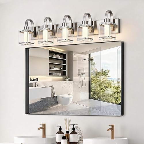 Lucidce 5-Light Brushed Nickel Vanity Light Fixtures, Modern LED Bathroom