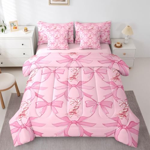Image of Kawaii Full Size Bed Sheets and Comforter Set | Pink Bow 7-Piece Bedding Set Santa Sticks Candy Canes Bed in a Bag, Dreamy Ribbon Princess Bowknot Bed Sets,Cute Aesthetic Room Decor