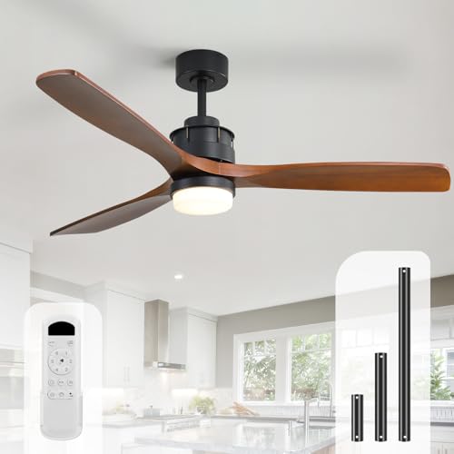 Sofucor Ceiling Fans With Lights, 60 Inch Solid Wood Ceiling Fan With Light Remote Control, Indoor/Outdoor Ceiling Fan with Reversible DC Motor, 6 Speed, 3 Blade Modern Ceiling Fans for Bedroom Patio